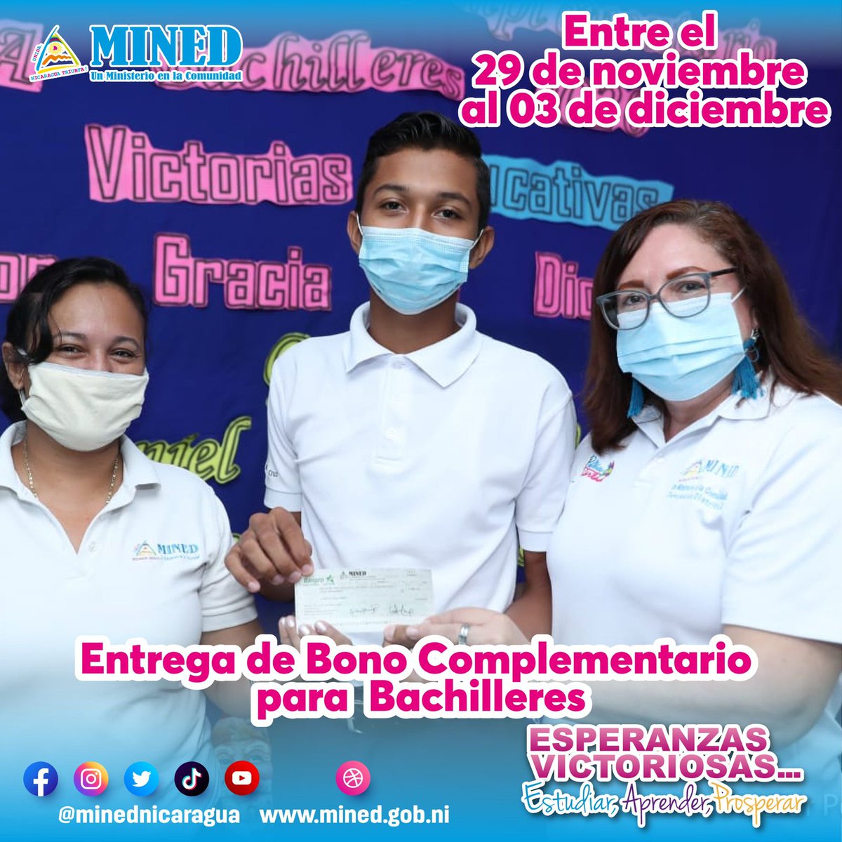 Gobierno de Nicaragua entregará Bono Complementario a 64 mil 966 bachilleres del Ciclo Escolar 2021, del 29 de noviembre al 3 de diciembre.