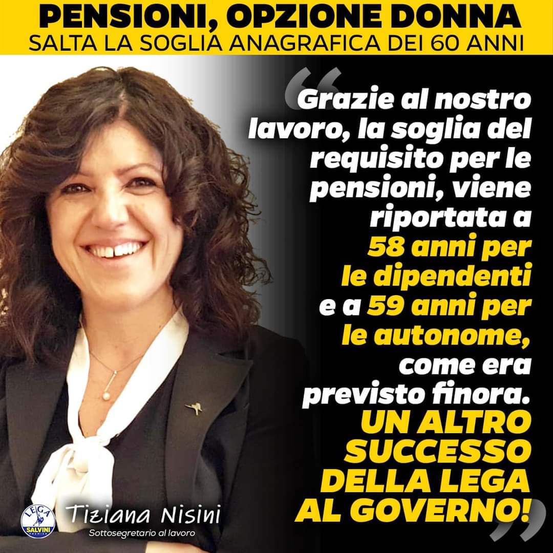 FabrizioBimbo's tweet photo. ❌❌Pensioni, opzione donna, saltata la soglia dei 60 anni.
🔴Le donne hanno vinto. La soglia di 60 anni prevista dal testo della manovra è saltata e si torna al requisito precedente: 58 anni per le lavoratrici dipendenti e 59 anni per le autonome. 
📍È un grande successo .... https://t.co/JEl0aIcm5m