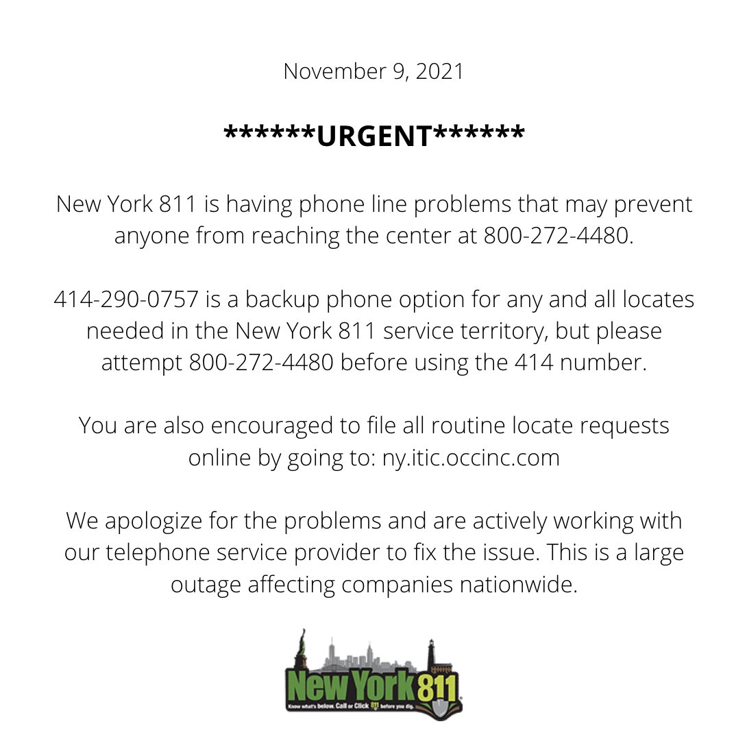 NewYork811's tweet photo. URGENT @NewYork811 is having phone line problems. Please first try 800-272-4480, but in case of issue, please call 414-290-0757 with any and all locates needed in the New York 811 service territory, or file all routine locate requests on-line by going to: https://t.co/084S1TaCEi https://t.co/O9WMtOIESi