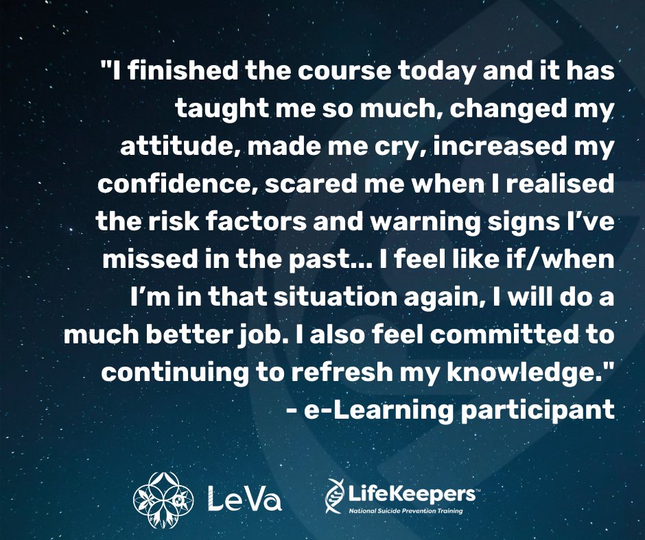 LeVaPasifika's tweet photo. LifeKeepers e-Learners! We see you, we hear you and we honor you for all of your beautiful feedback about our suicide prevention training online.
If you haven't yet enrolled in our free #LifeKeepers e-Learning, visit https://t.co/0TjrjPNjDt https://t.co/SwH6BCjQcG