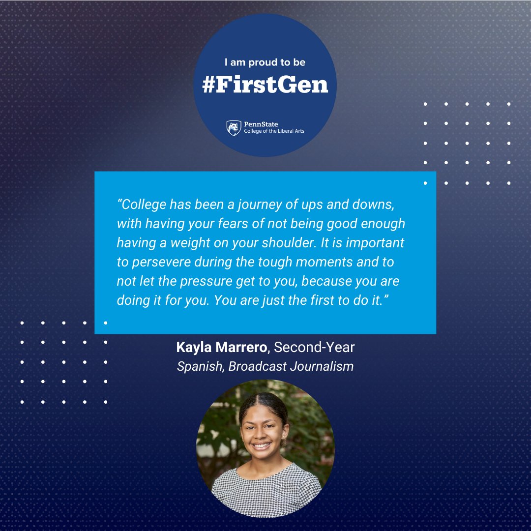 PSULiberalArts's tweet image. We continue to #CelebrateFirstGen with four more 
@PSULiberalArts #PSUFirstGen features:
🔹Kayla Marrero, @PennStateSIP, @PSUBellisario
🔹Troy Turner, @PennStateLER
🔹Jason Griffin, @PSUPsychology doctoral student
🔹Giuli Dussias, professor of Spanish, linguistics, and psychology