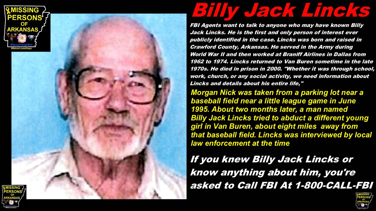 #ALERT  #REQUEST4INFO  #WhoWasBillyLincks  
If you knew Billy Jack Lincks or know anything about him, you're asked to call the FBI at 1-800-CALL-FBI. 
Photo/Video: <a href="/ArkansasMissing/">MissingPersonsofAR</a> 
facebook.com/MissingPersons…