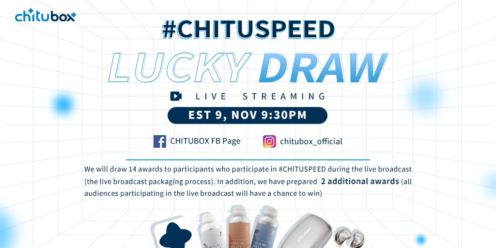 chitubox's tweet photo. 📢📢One hour to go until our live-streaming draw!
🥳We will live streaming to draw the 14 lucky winners of the #CHITUSPEED campaign on 9 Nov. 9:30pm EST.
Join on Facebook Page👉https://t.co/JUYWXDEuFo
Join on Instagram👉https://t.co/KiNNT64ovc
#CHITUBOX #CHITUBOXPro #3Dprint https://t.co/KAvuAn7POj