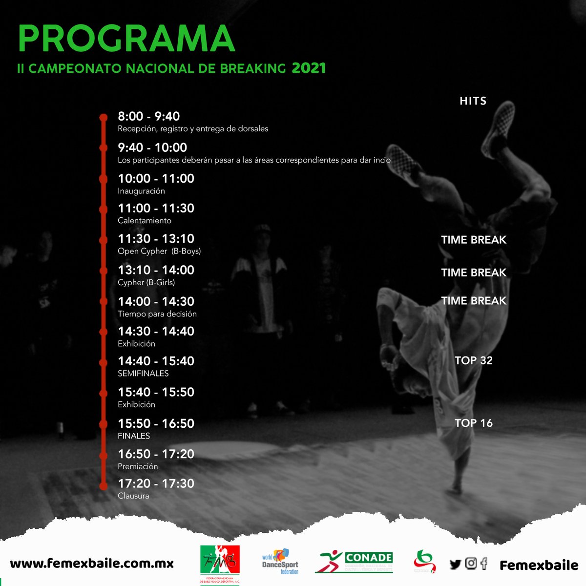 Femexbaile's tweet photo. Nuestro programa para el Sábado 13 de Noviembre en el II Campeonato Nacional de  Breaking 2021  ¡Estamos listos!
.
.
.
#femexbaile #breaking2021 https://t.co/QolkVdubCu