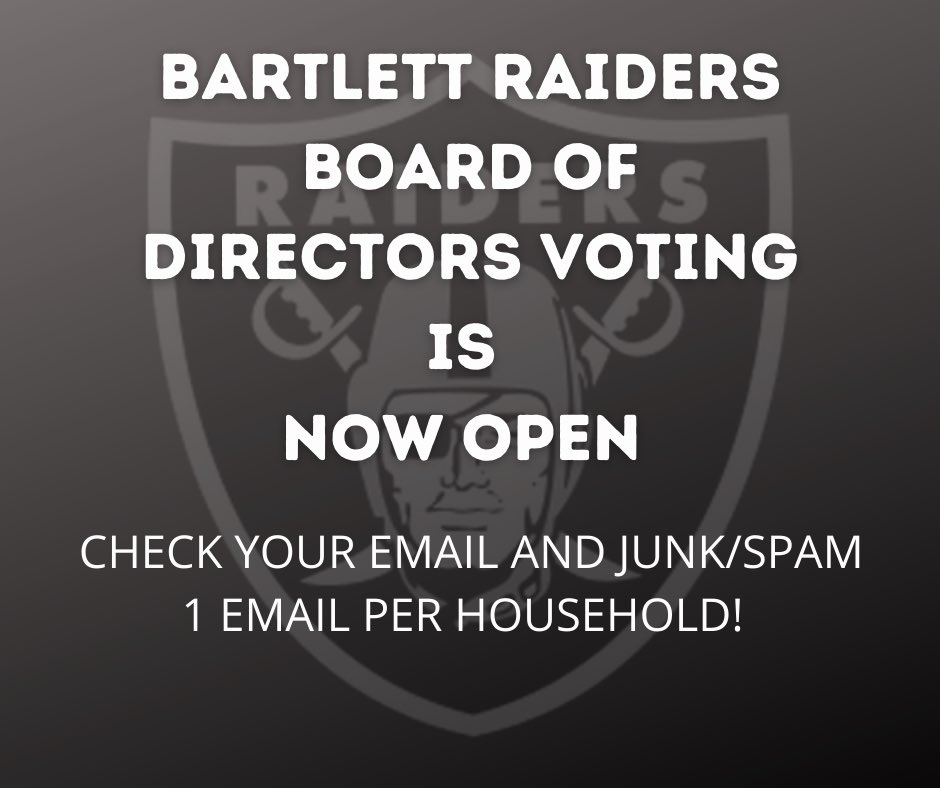 BartlettRaiders's tweet photo. PLEASE MAKE SURE TO CAST YOUR VOTES!!!
#bartlettraidersboard #bartlettraiders #boardofdirectors #votingisopen https://t.co/M4y3ILiYBH