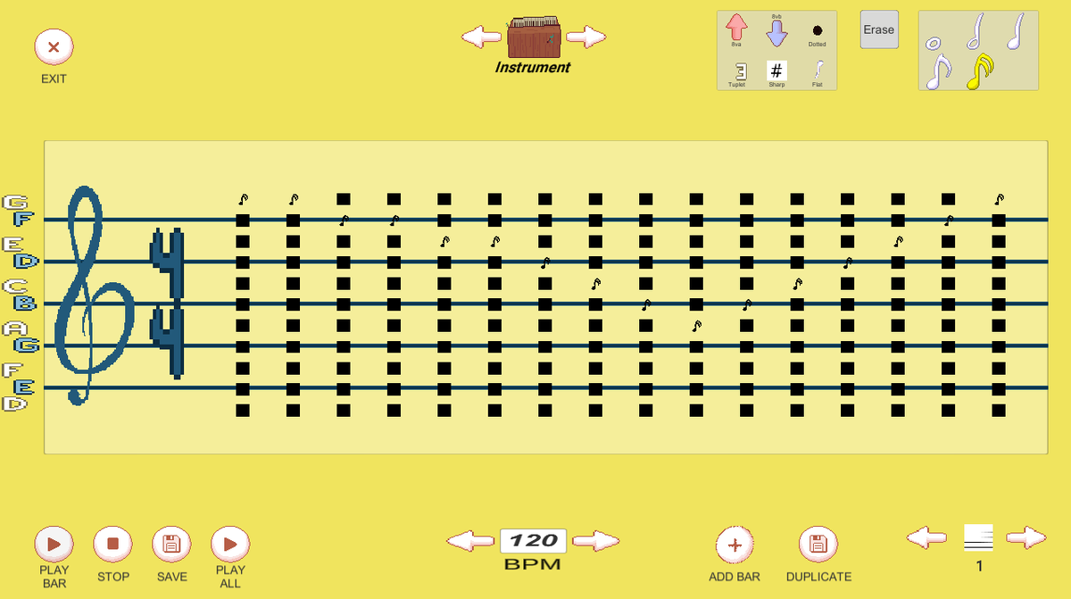 ToSaveAnIsland's tweet photo. this musical staff ui is still very wip but

can you see the notes? trying to make them darker...but it also made the blank boxes darker too

wanna make them bigger too

gonna have to get into the code for this i think

#indiegame #indiedev #gamedev #indiegamedev #pixelart https://t.co/SaEogtVjd6