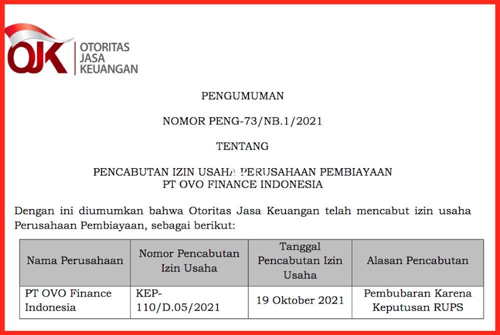JogjaUpdate's tweet photo. OJK Cabut Izin Usaha PT OVO Finance
"PT OVO Finance Indonesia, tidak ada kaitan sama sekali dan tidak pernah menjadi bagian dari kelompok perusahaan uang elektronik OVO (PT Visionet Internasional)", jelas Head of Public Relations OVO Harumi Supit ~ Tempo
foto ~ jpnn https://t.co/WdGC9eAKwK