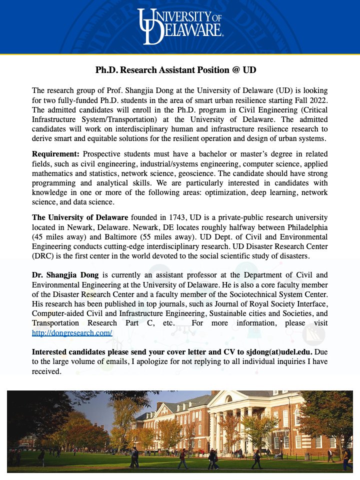 My research group is looking for two fully-funded Ph.D. students to work on the interdisciplinary smart resilience research starting Fall 2022. Please share it with interested candidates within your network! Thank you!