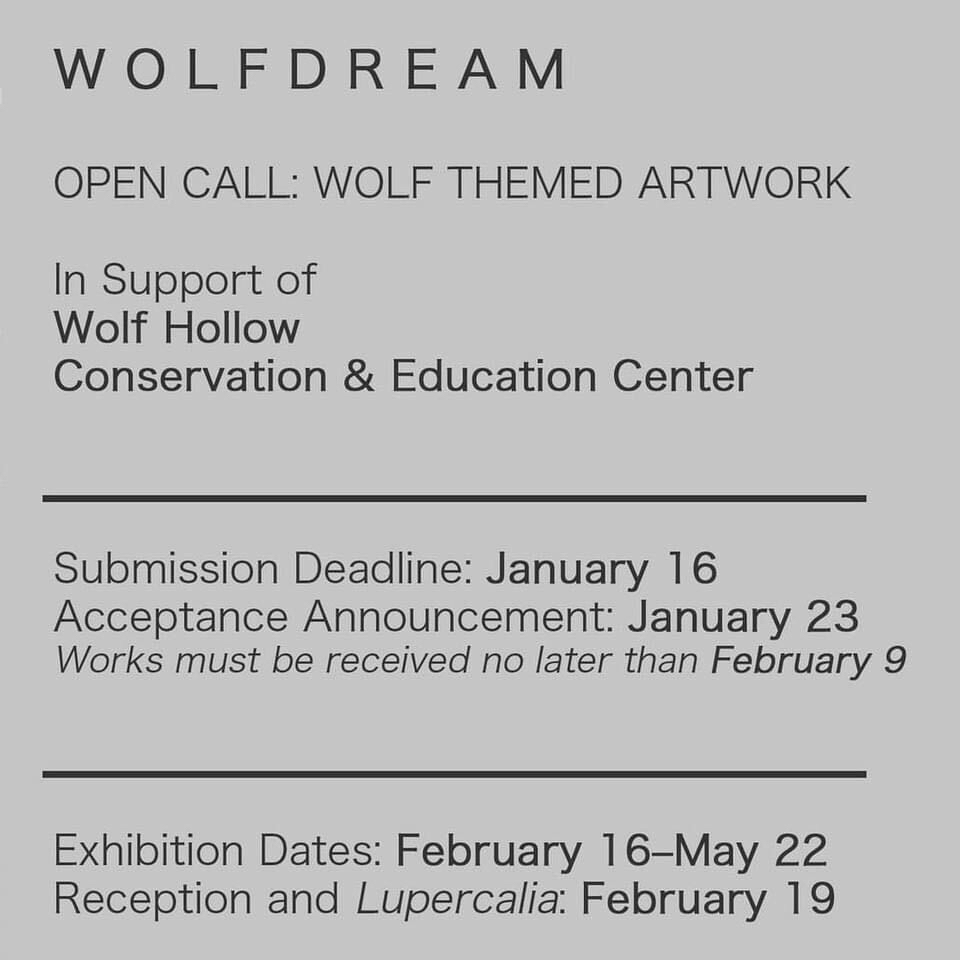 W O L F D R E A M
/ CALL FOR ARTWORK /

In support of @wolf_hollow_ma 

Submission deadline: January 16

ALL MEDIA WELCOME

Details at: salemartgallery.com

.
.
.
#opencall #callforart #juriedexhibition #submissiondeadline #wolf #wolves #wolfart