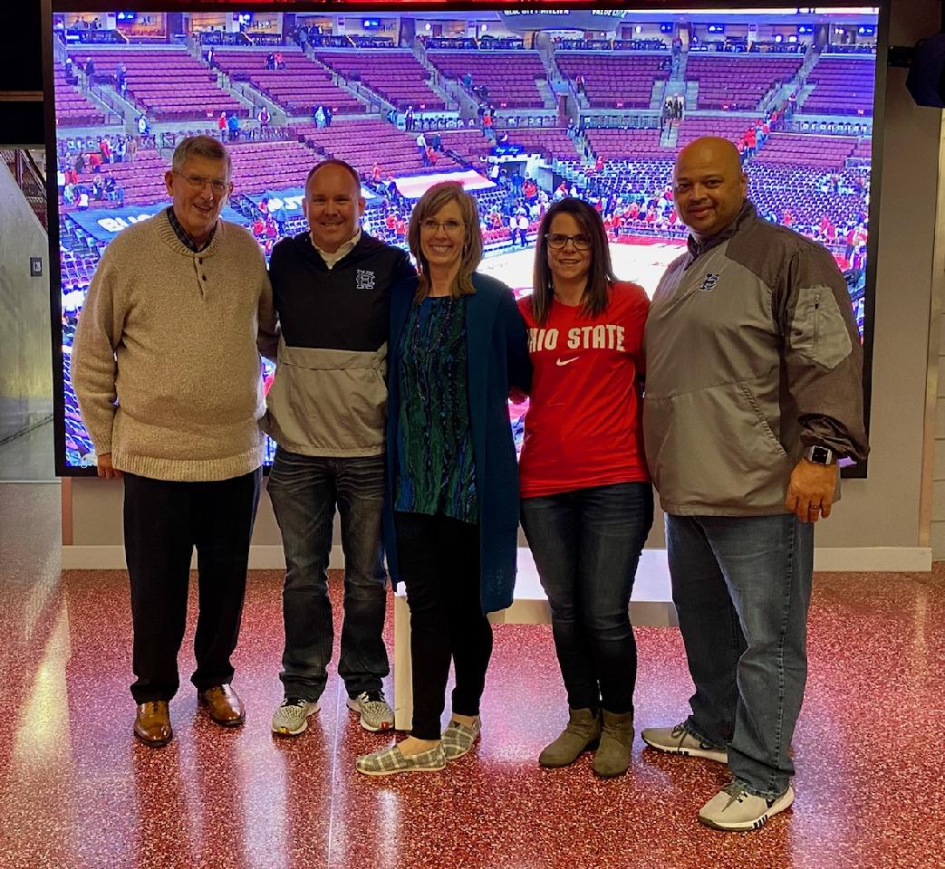 BanksforB's tweet photo. Perfect way to wrap our conference trip.....#HarrisonHills board members met up this evening to support #HCAlum @KobeMitchell10 at Schottenstein Center...#AkronZips #OhioState #WeareHC #HarrisonCentral #ProudofourHuskies https://t.co/9HSCrEjozz