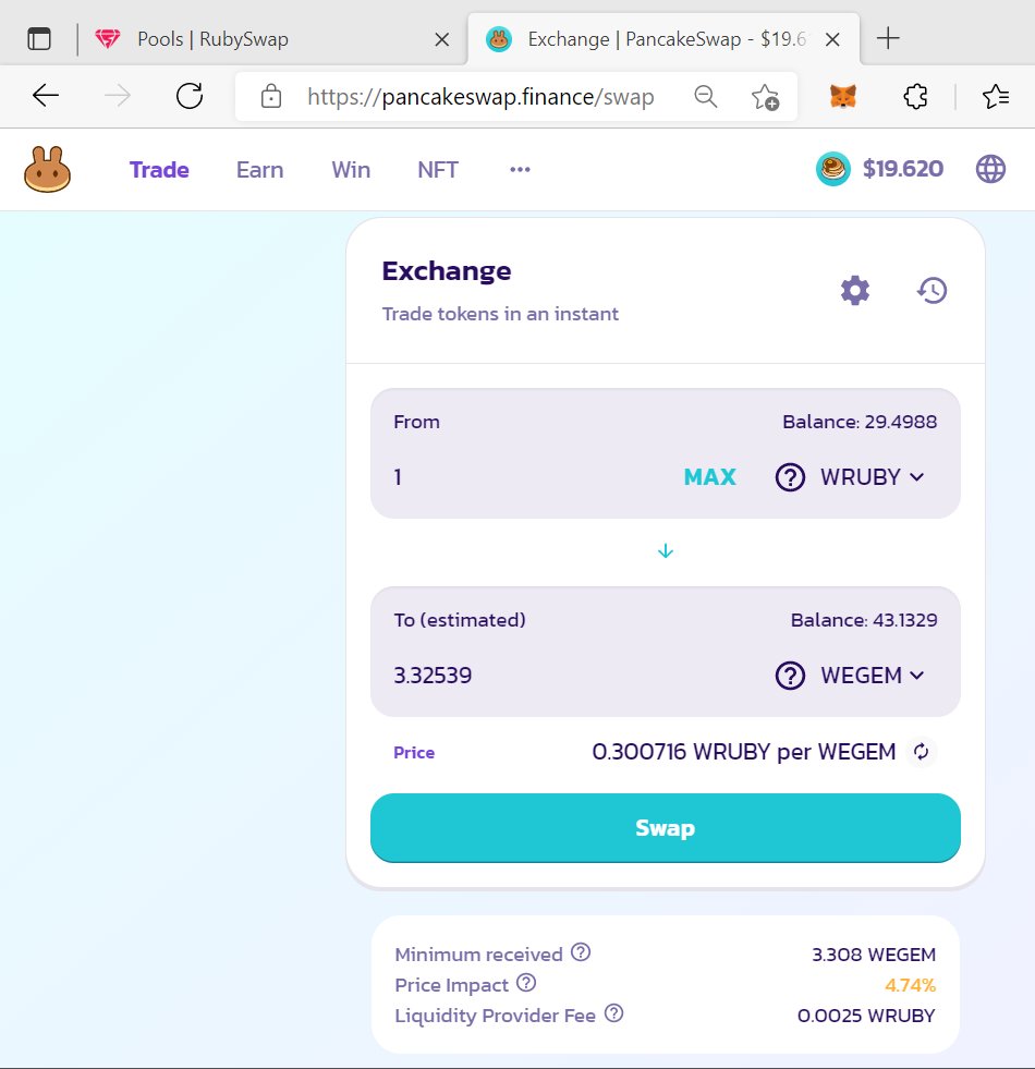 os03se's tweet photo. first #RUBY to #EGEM swap on #CAKE @ETHERGEMCOIN @RubyswapFinance @RubySwap ...you are free to add the liquidity 😀♦️💎🚀🔥 at $250k we get logos and pools? @PancakeSwap? https://t.co/76me97YsF8 https://t.co/D5lcCd4B91