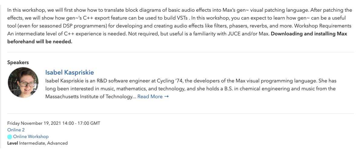 cycling74's tweet photo. For those attending @audiodevcon our R&amp;D developer Isabel Kaspriskie is presenting "Getting Max out of Max with gen~" on Nov 19 https://t.co/5iEqJ9XBo7 #ADC21 https://t.co/OzTryh9PHs