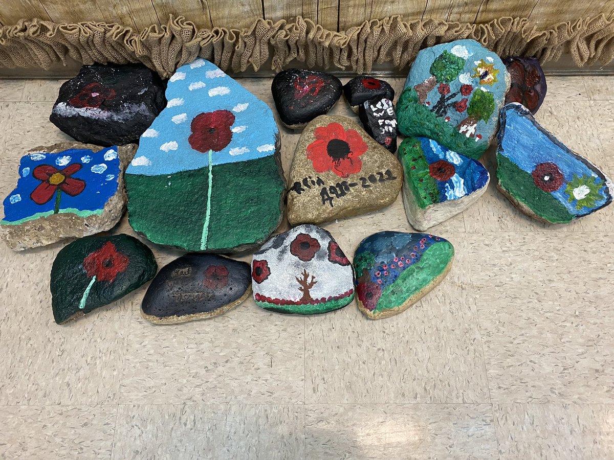 WadenaWes's tweet photo. Grade 6 Room 16 will be taking their rocks over to the cenotaph tomorrow. This is our way of paying our respects since we cannot participate in our regular service. https://t.co/L9hatEmPvY