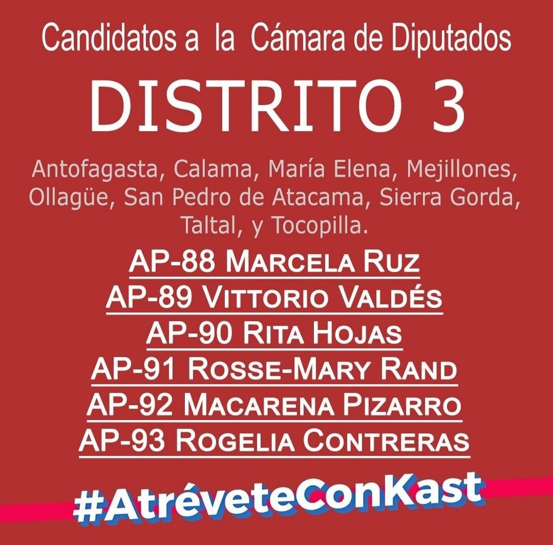 O287Ro8At1's tweet photo. #UnCongresoParaKast
Atención Región de #Antofagasta
#Calama #Ollagüe, #SanPedroDeAtacama
#MariaElena #Talatal #SierraGorda #Mejillones y #Tocopilla https://t.co/UxzN8c1MaX