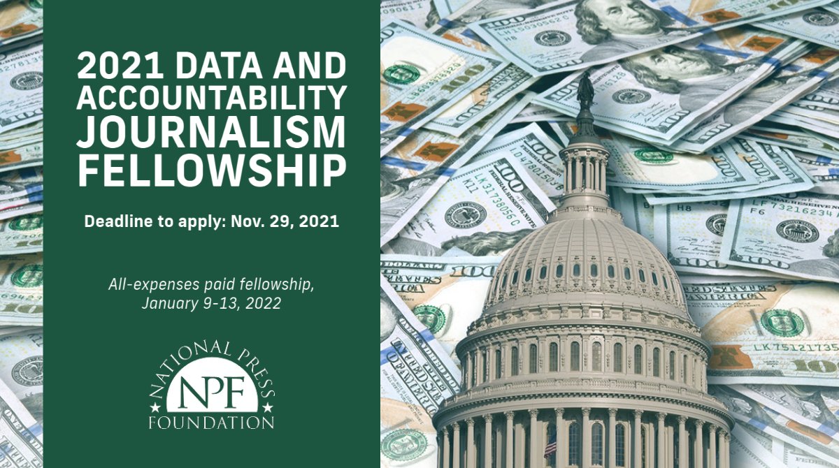NatPress's tweet photo. Want to sharpen your #DataJournalism and investigative skills? Apply for a @NatPress in-person, all-expenses-paid accountability fellowship in #WashingtonDC, Jan. 9-13. Fellows can work w/ a volunteer data scientist, thanks to @DataKindDC.

Deadline: Nov. 29 https://t.co/O5AkEv08gh