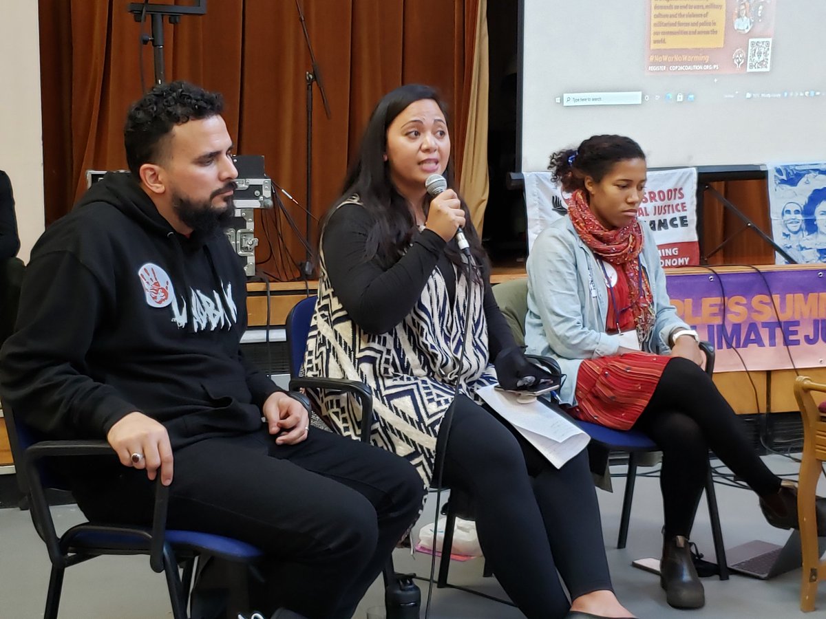 ggjalliance's tweet photo. So much fire from the Decolonize Demitarize Decarbonize workshop at the #COP26 People's Summit today! Ramon Mejia, Sheila Babauta, Sharif Zakout, and Alejandria Lyons broke it down - Demilitarization is #ClimateJustice! Missed it? Watch the recording here: https://t.co/6ykeKoWavt https://t.co/YRE9zxiJC3