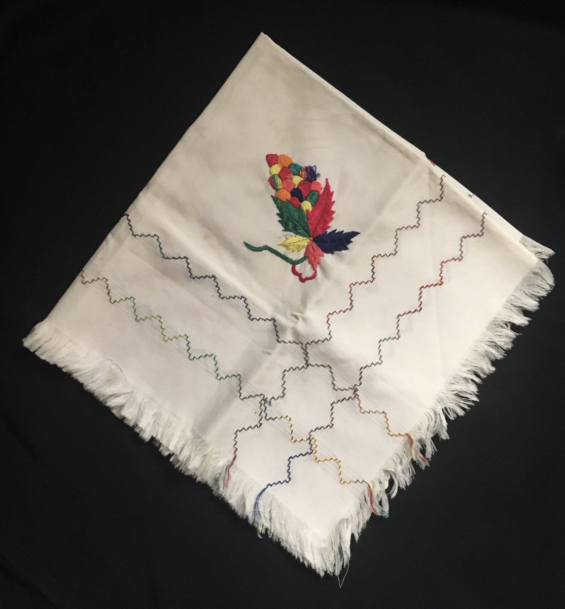 منديل الجيب تم ابتكاره من بسطاء الناس قبل اختراع المنديل الورقي في المصانع (محارم ورقية). زوج خالي رحمة الله عليها، عملت المنديل من القماش المطرز يدويا حينما ولدت واحتفظت به والدتي لزمن طويل، ثم وجدته في صندوق والدي بعد وفاته (رحمه الله)، واليوم قد مضى عليه اكثر من اربعة عقود.