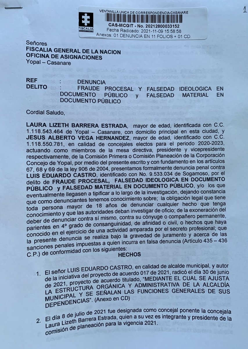 Radicamos denuncia penal por presunto Fraude Procesal y Falsedad en Documento Publico por inconsistencias encontradas en análisis financiero del proyecto de acuerdo de Reestructuración a Estructura de la <a href="/alcaldiadeyopal/">@alcaldiadeyopal</a> <a href="/VioletaStereo/">Violeta Stereo F.M.</a> <a href="/ConcejodeYopal/">Concejo de Yopal</a>