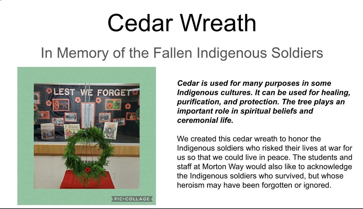 MortonWayPS's tweet photo. We honour and recognize all fallen soldiers. Our cedar wreath pays tribute to Indigenous Soldiers ⁦@MortonWayPS⁩ https://t.co/56JdQDHRVm