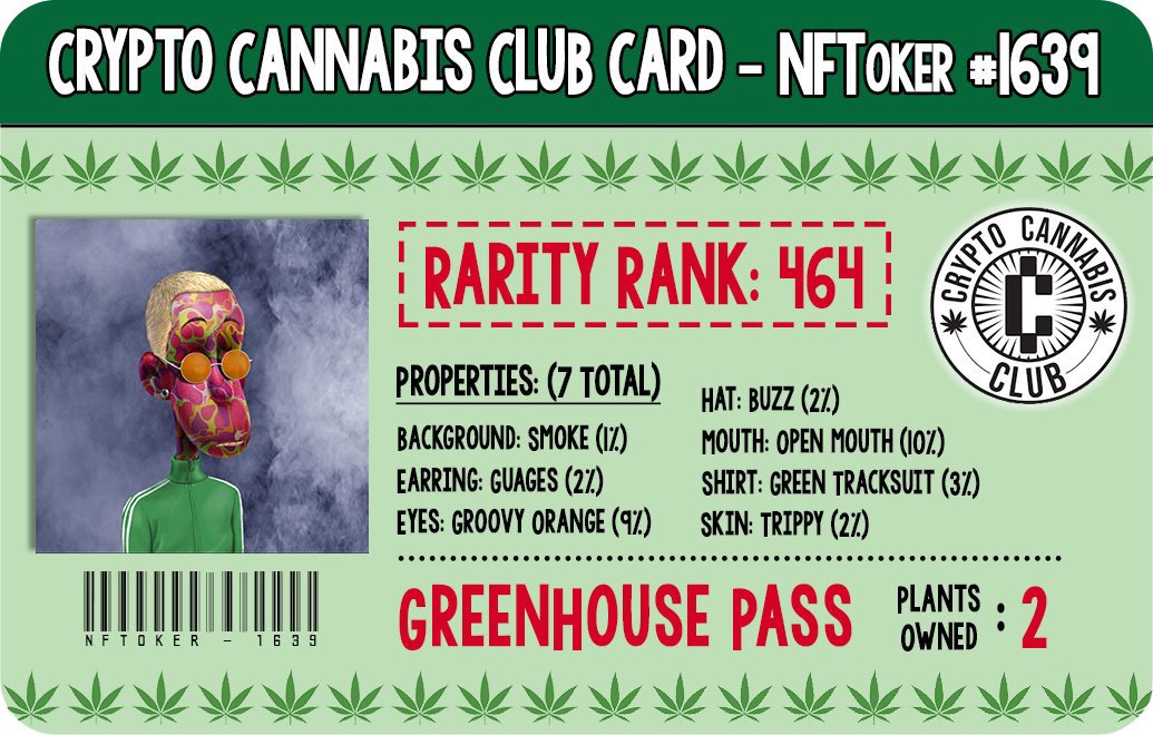 RingeneralMiami's tweet photo. My best mint till this day! Rarity 464 1 of 2 trippy skin/smoke background tokers in the entire collection! @CryptoCannaClub #cryptocannabisclub #toker1639 #sub650 #tokecity #NFTs #nftcollector #nftshill https://t.co/L1YA6roTSs