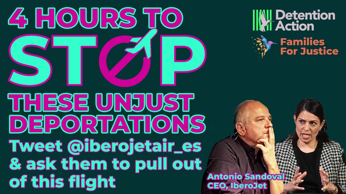 DetentionAction's tweet photo. !!URGENT!!
With four hours til take-off, we can confirm that
@IberoJetAir_ES are working with this Government to deport people to Jamaica.
Please retweet this and tweet at Ibero Jet asking them not to force families apart tonight. https://t.co/PdcjO37icC