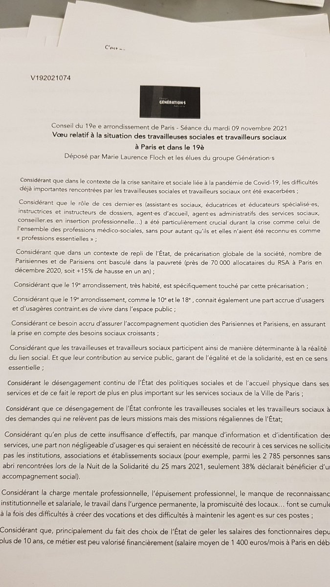 generations_P19's tweet image. Au #CAP19 nous avons présenté le vœu de @75_generations en soutien aux travailleuses sociales et travailleurs sociaux à @Paris19e et à Paris. Adopté !