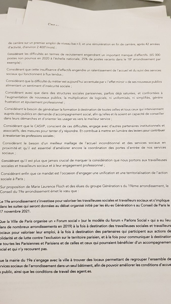 generations_P19's tweet image. Au #CAP19 nous avons présenté le vœu de @75_generations en soutien aux travailleuses sociales et travailleurs sociaux à @Paris19e et à Paris. Adopté !