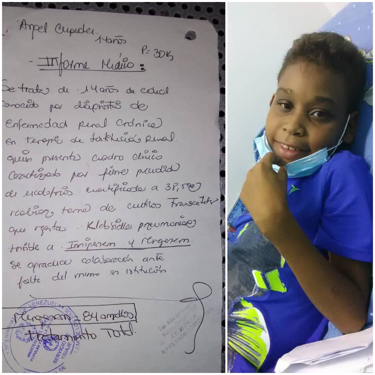 reymertx's tweet photo. URGENTE !!!
para Ángel Cespedez de 14 años quien recibe diálisis , esta requiriendo de Meropenen, motivado a una Klevsiella pneumonie por infección en su catéter, el está en el triaje JM de los Ríos esperando de las mismas para comenzar tratamiento
Contacto 0424 1258878 https://t.co/WJPZhjvzHQ