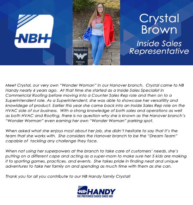 nb_handy's tweet photo. Our employee spotlight this month features Crystal Brown. Crystal is one of our Inside Sales Reps at our Hanover Branch. See her thoughts on working at NB Handy below! #ThePreferredChoice https://t.co/dhD3nnIc4I