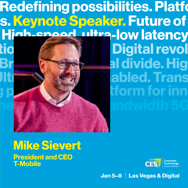 CES's tweet photo. Lightning-fast 5G coverage to mobile web innovation, corporate responsibility to renewable energy. T-Mobile is moving beyond telecom and dialing up the future of wireless. Hear how they’re doing it at #CES2022