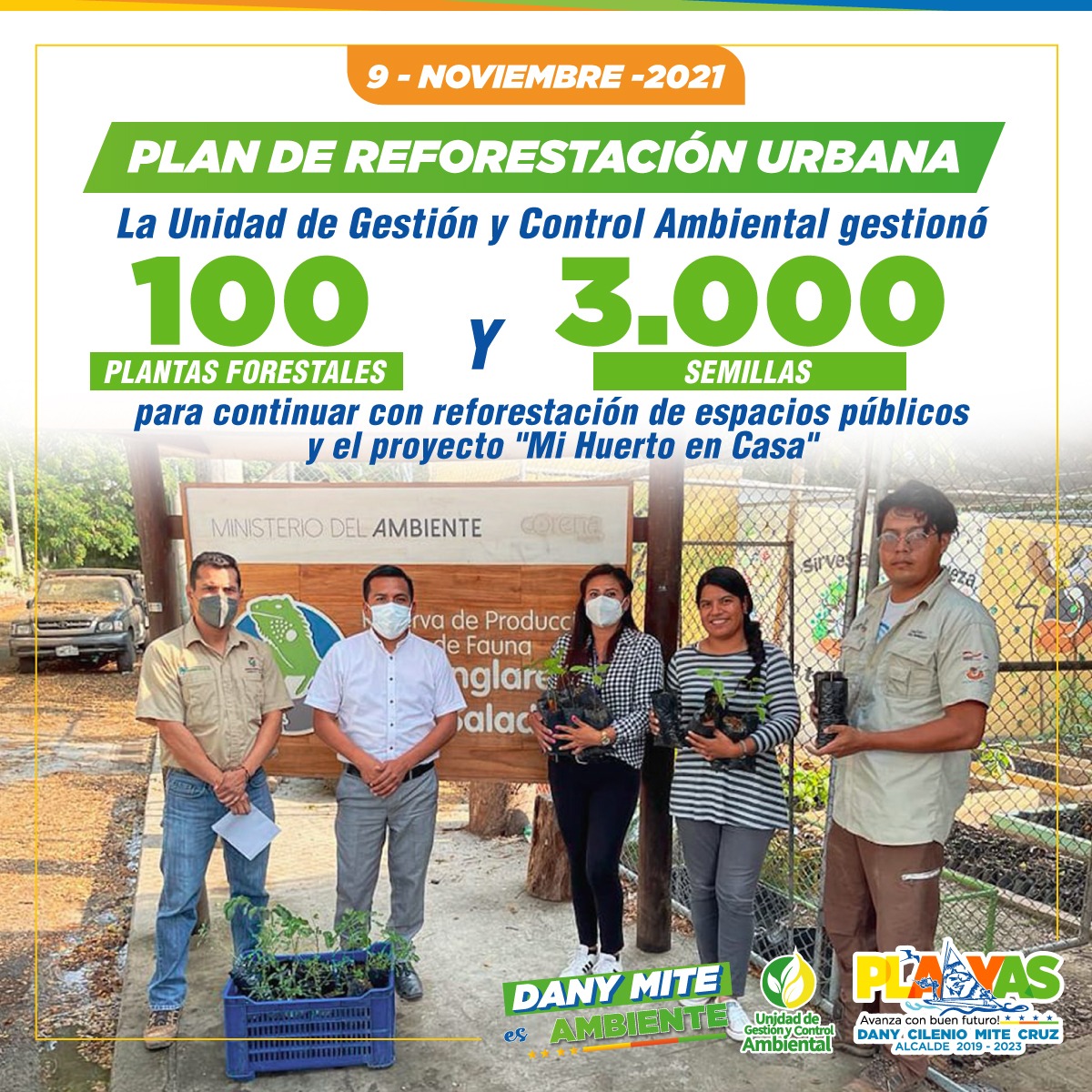 Alcaldia_Playas's tweet photo. Personal de la Unidad de Gestión y Control Ambiental gestionó 100 plantas forestales y 3000 semillas para continuar con el proyecto "Mi Huerto en Casa", gracias al apoyo de la Reserva de Producción Faunística Manglares El Salado y Proyecto #PRESIS de @MAAE_Guayas https://t.co/2sZsgqfQg6