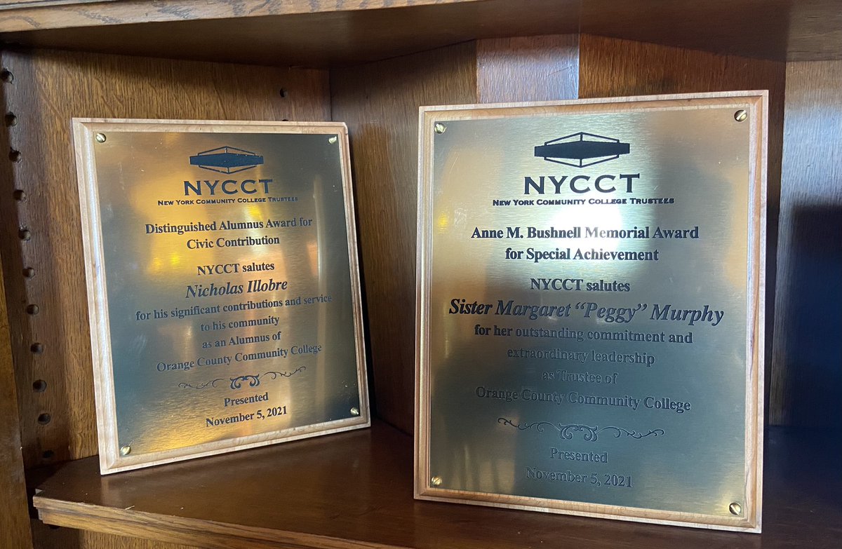 drkrisyoung's tweet photo. I’m going to boast for two who don’t. We’re @SUNY_Orange proud for Sr. Peggy Murphy - winning the highest Trustee recognition possible - and Nick Illobre - winning alum civic props - from NYCCT on Friday. In the case of honor in Morrison Hall! #comm_colleges https://t.co/4oyvIvb3LG