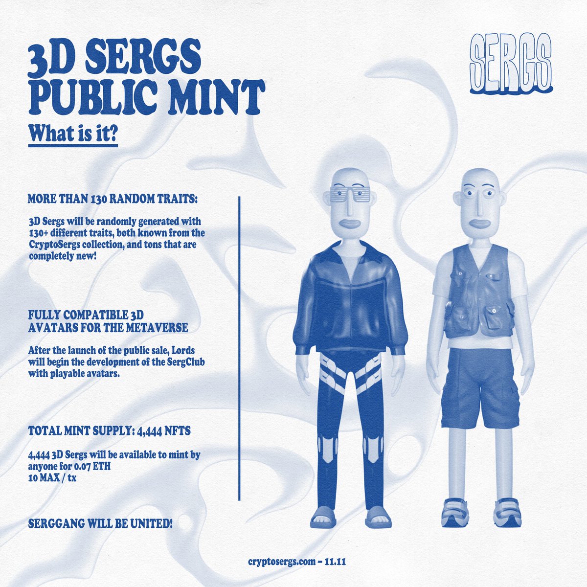 CryptoSergs's tweet photo. While our OG CryptoSergs continue to migrate to own new smart contract, our insane SergLords have successfully launched the next Great Era of Sergs 🔥

Public mint for 4444 3D Sergs on 11.11 🚀
Get ready! https://t.co/DiilPPMvcU
