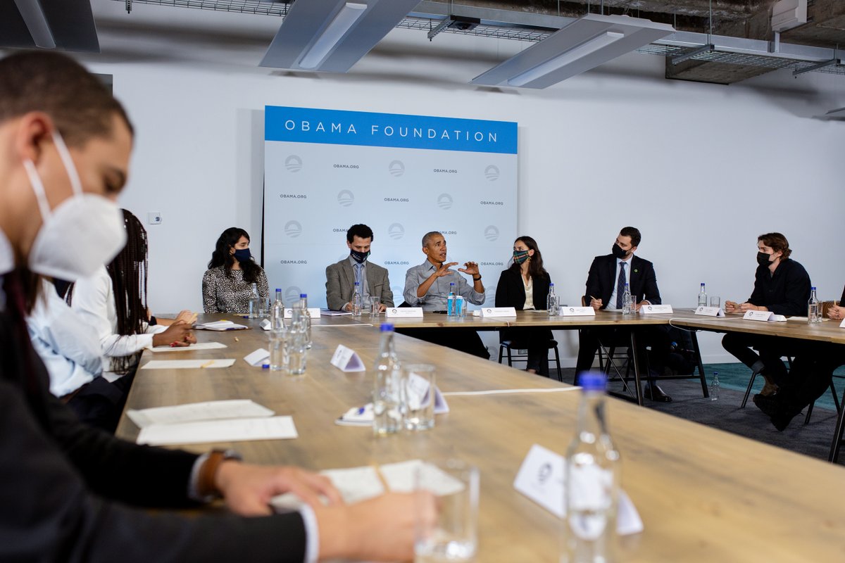 ObamaFoundation's tweet photo. After speaking to delegates about the urgent need to address the climate crisis at #COP26, President @BarackObama joined a group of #ObamaLeaders working on the frontlines of #ClimateChange for an energizing discussion.
📸 Here's a look at yesterday's conversation: https://t.co/nG60NEwHwT