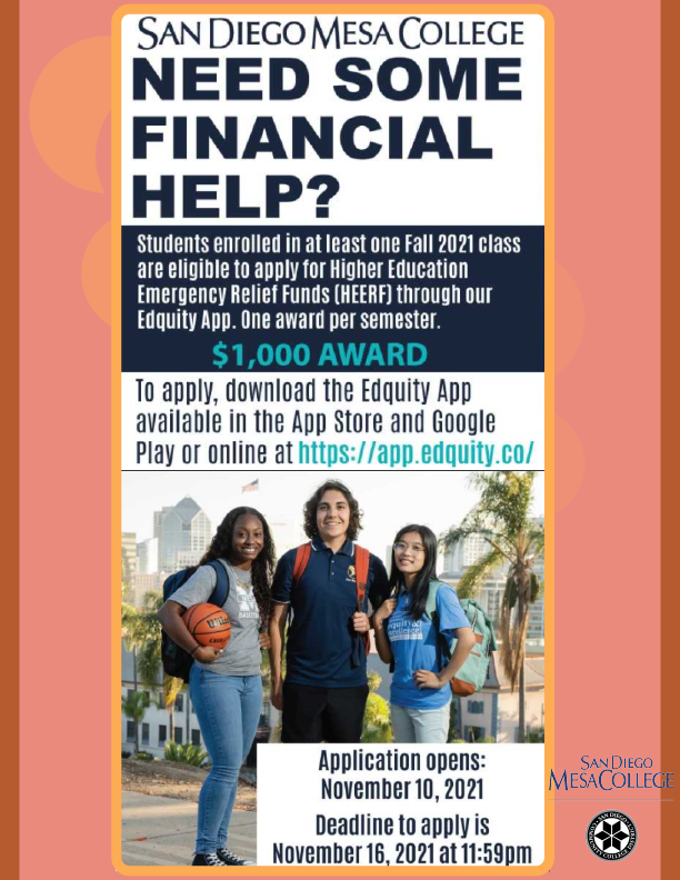 Mesa is offering emergency funds to students enrolled in the Fall 2021 semester!
Applications open tomorrow and the deadline is Nov 16th. Information on how to sign up is below :)

sdmesa.edu/financial-aid/…