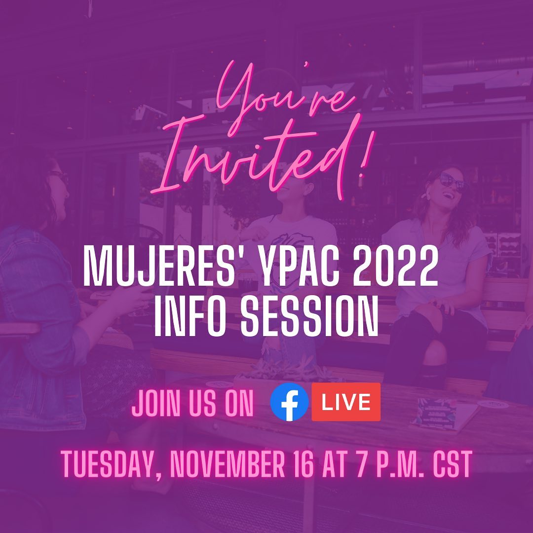 Considering joining Mujeres' YPAC? 

Now is your chance to get your questions answered. Join us next week on Facebook for our Live Info Session at 7pm. 

RSVP now: bit.ly/YPACInfoSession

#Latina #LatinaLeaders #EmergingLeaders #YoungProfessionals #ChicagoLeaders #RisingLeaders