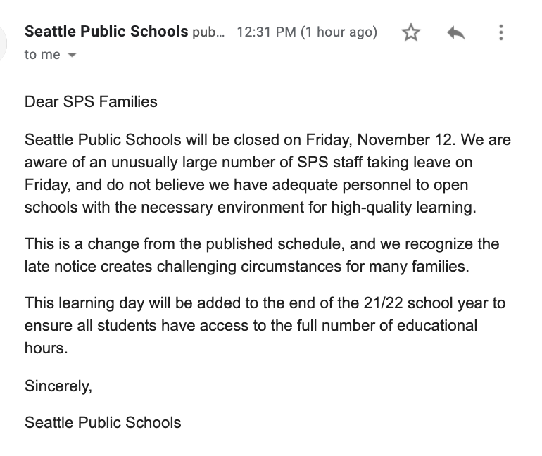 ByMikeBaker's tweet photo. Seattle is now joining the wave of unexpected Friday school closures. The district said it can't do classes because so many staff members are taking the day off. https://t.co/ICgYsUL1DK
