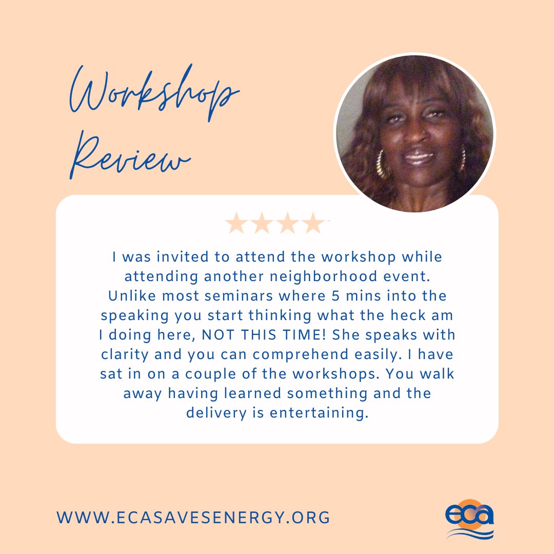 ECA (Energy Coordinating Agency) (@phillyenergy) on Twitter photo Ever considered attending an ECA workshop but haven't yet? Attendees like L.Ebony Gibbons-Jackson will tell you just how much you can learn! Reach out today by calling 215-609-1000 or go to ecasavesenergy.org/community-prog… #communityleadership #energyefficiency #GivingTuesday2021 Ever considered attending an ECA workshop but haven't yet? Attendees like L.Ebony Gibbons-Jackson will tell you just how much you can learn! Reach out today by calling 215-609-1000 or go to ecasavesenergy.org/community-prog… #communityleadership #energyefficiency #GivingTuesday2021