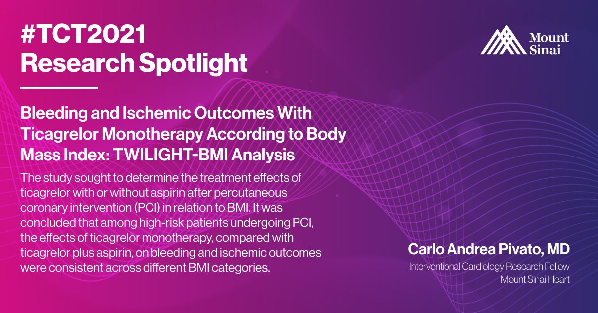 During #TCT2021, Cardiology Fellow, Dr. Carlo Andrea Pivato, presented his research which found that among high-risk #patients undergoing #PCI, the effects of ticagrelor #monotherapy were consistent across different #BMI categories.