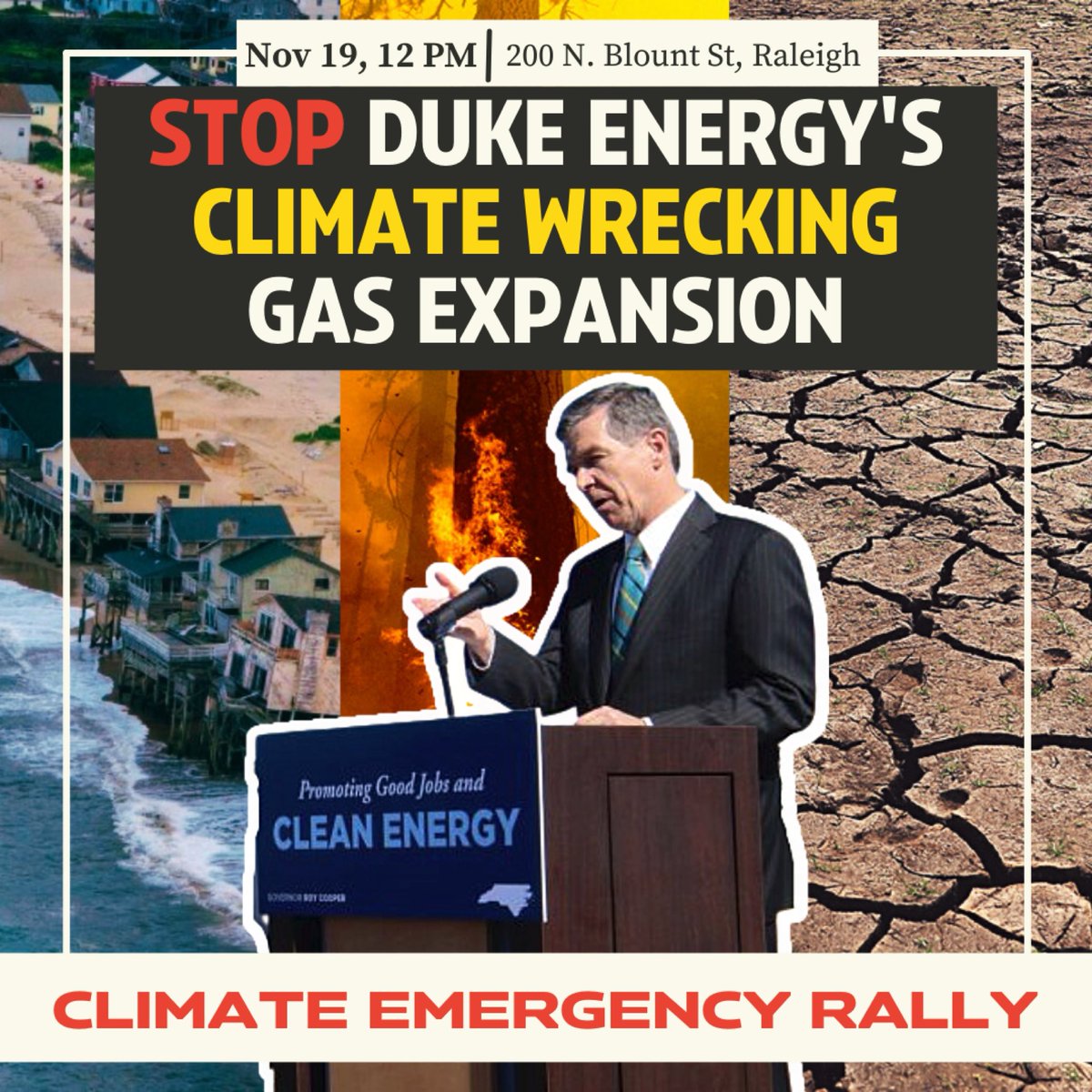 SunriseDurham's tweet photo. From Appalachia to Outer Banks, nothing is safe from the impact of climate crisis, we need real solutions and not more natural gas infrastructure. 🚨

Join us on November 19th, 12 pm calling on Governor Cooper to declare a #ClimateEmergency! Sign up here✍ https://t.co/UwrCvwHSqV https://t.co/bx7Wf2JTsI
