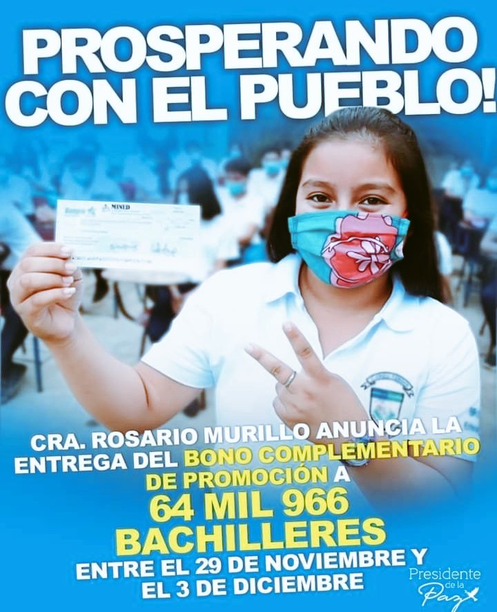 Cra. Rosario Murillo, anuncia entrega de bonos complementario de promoción a 64,000,966 bachilleres. Y se estarán entregando entre 29 de noviembre y 03 de diciembre.
#FuerzaDeUnPuebloQueVence
#TodosJuntosVamosAdelante 
#Nicaragua #UnidosEnVictorias