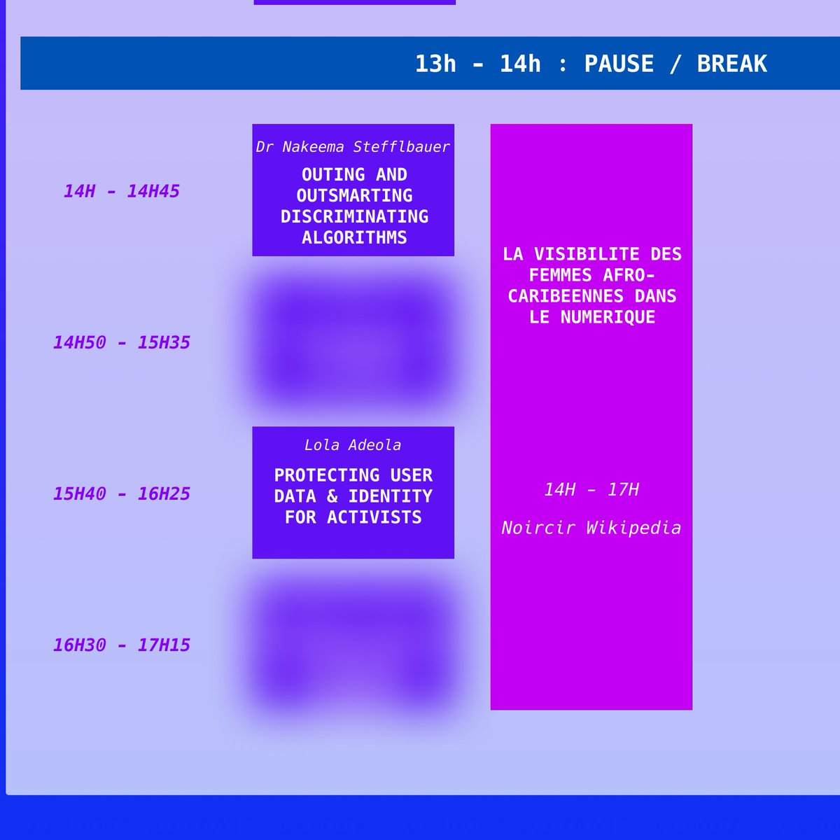 On continue avec 
❇️<a href="/DocStefflbauer/">Dr. Nakeema Stefflbauer</a> nous conseillera comment passer outre les algos discriminants
❇️<a href="/lolaodelola/">🎥 lola.exe 🖊️</a> nous apprendra à nous protéger en miliant
❇️<a href="/EWikimedia/">Noircir Wikipédia / Ennegreciendo Wikipédia</a> continuera à mettre en lumière les femmes afro-caribéennes sur Wikipédia 

🎫ti.to/akwaaba-fest/a…