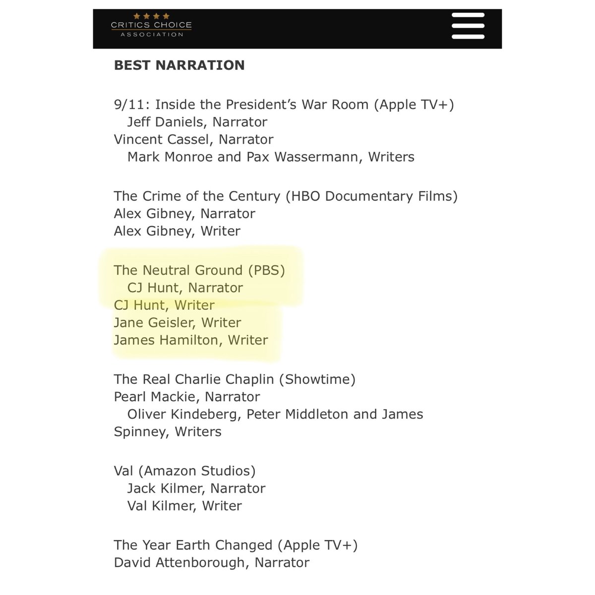 Our funny scary history movie #TheNeutralGround is nominated for <a href="/CriticsChoice/">Critics Choice Awards</a> along with some real titans. We’re feeling very honored. See u Sunday. We’ll be wearing a blazer and jeans as is required by documentary law.