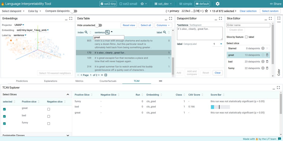 iftenney's tweet photo. Excited to announce version 0.4 of the @GoogleAI Language Interpretability Tool (🔥LIT), our open-source visualization and understanding platform for NLP and more. Tons of new features! https://t.co/P9UcMzWVp2 #NLProc #googlePAIR (1/7) https://t.co/5h3ncj0tgS