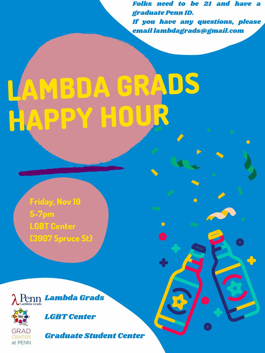 Lambda Grads @ UPenn (@lambdagrads) on Twitter photo Join us for Happy Hour on Fri, Nov 19 5-7pm on the <a href="/PennLGBTC/">Penn LGBT Center</a> Patio! Shout out to the LGBT Center, <a href="/PennGradCenter/">Grad Center at Penn</a> <a href="/UPennGAPSA/">GAPSA</a> for funds and support! Be sure to bring your ID and a Green Pass! Join us for Happy Hour on Fri, Nov 19 5-7pm on the <a href="/PennLGBTC/">Penn LGBT Center</a> Patio! Shout out to the LGBT Center, <a href="/PennGradCenter/">Grad Center at Penn</a> <a href="/UPennGAPSA/">GAPSA</a> for funds and support! Be sure to bring your ID and a Green Pass!