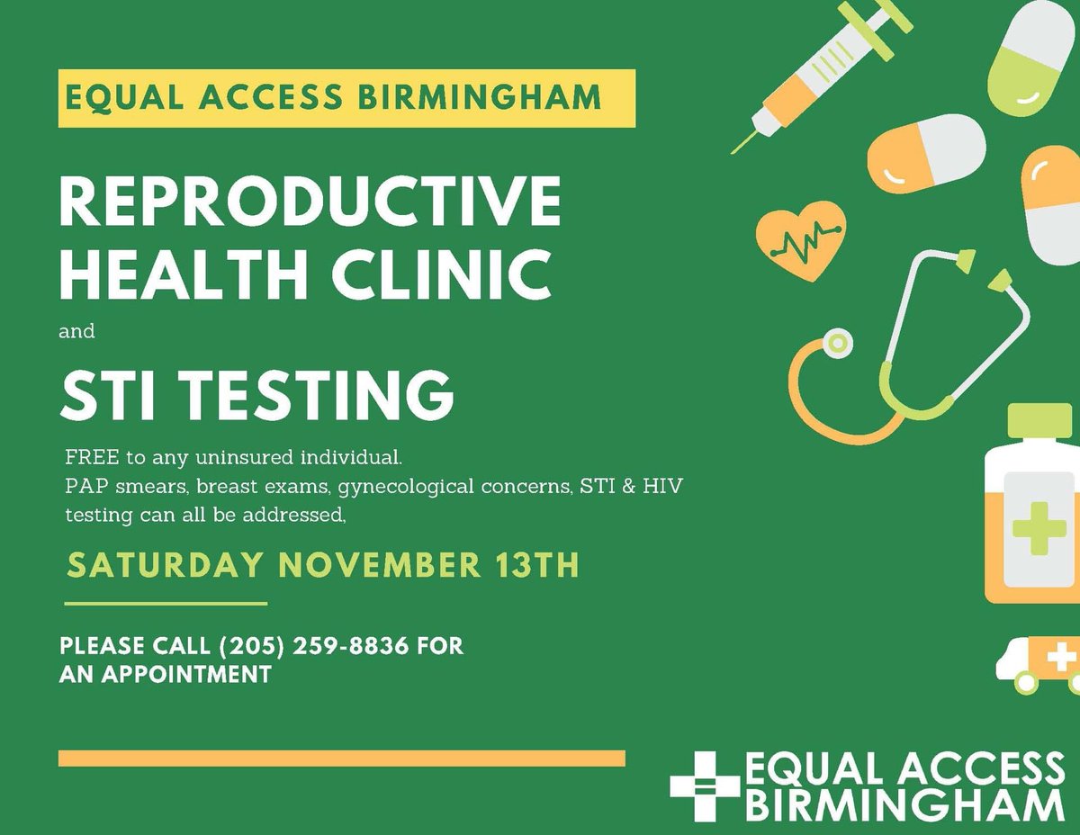 Join us for our Reproductive Health Clinic this Saturday, November 13th! PAP smears, breast exams, gynecological concerns, STI &amp; HIV testing can all be addressed at our clinic. 

The clinic is free to all uninsured individuals. Please call (205) 259-8836 for an appointment.