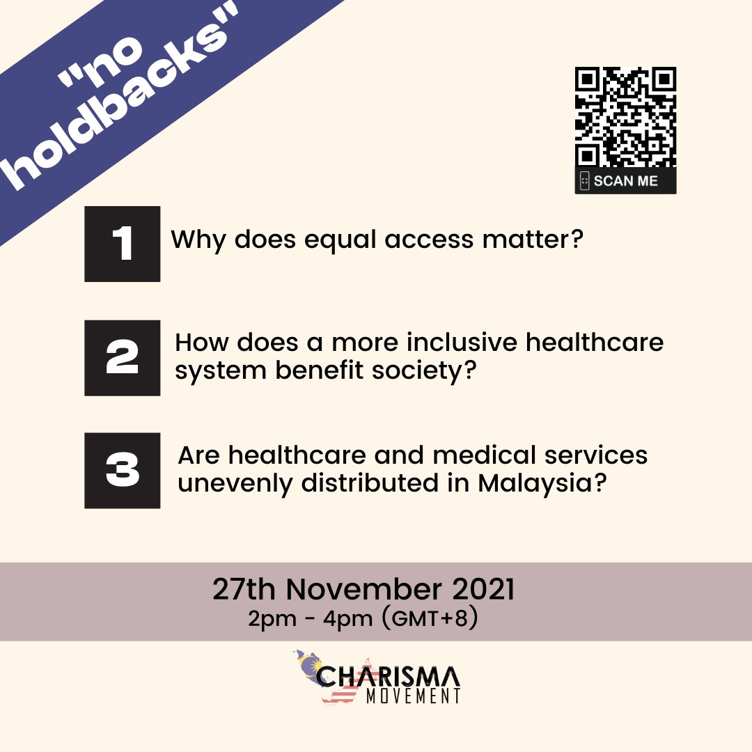 CharismaMVMT's tweet photo. Join our esteemed panel of speakers and their discussion on the importance of healthcare equality.
Click the link to learn more about "No Holdbacks": https://t.co/xCX1rceKdF
RSVP here: https://t.co/gkU4j9UmF5
#NoHoldbacks #CharismaMovement #destigmatisehealth #HealthcareMalaysia https://t.co/eQHa6hI92T