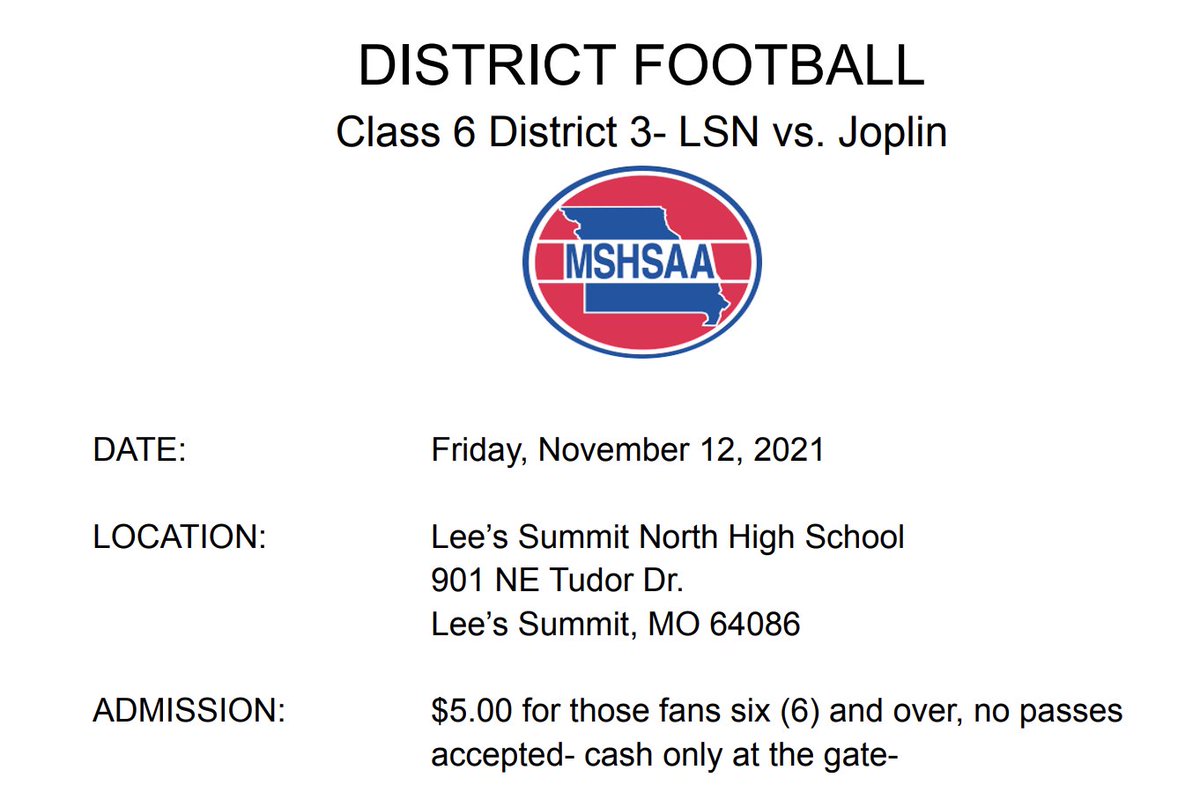 Eagle football travels to Lee's Summit North High School (901 NE Tudor Dr. Lee’s Summit, MO 64086) on Friday, Nov. 12th for the Class 6 District 3 championship. Eagle fans should enter through the visitors gate in the Northwest corner and walk around to the East side. #goeagles