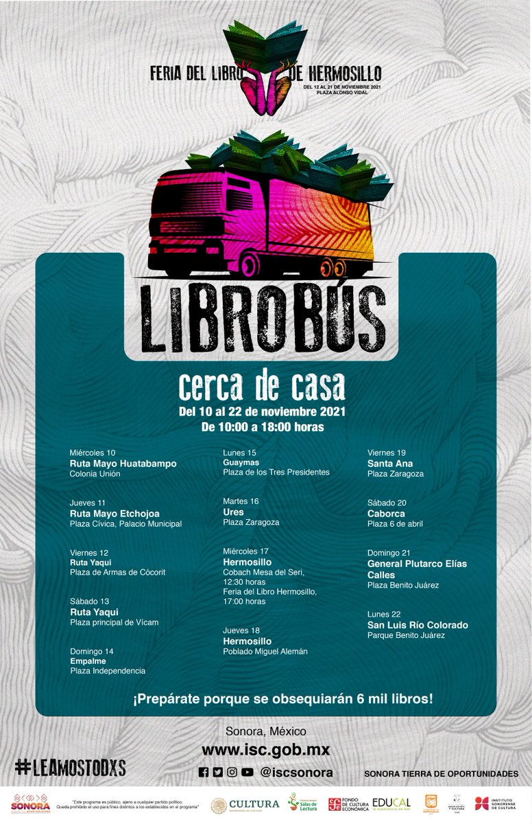 ¡La Feria del Libro de Hermosillo está muy acerca y con ella llega el #Librobús! 🚍📚

A partir de mañana el Librobús estará regalando 6 mil libros a las y los sonorenses gracias a la colaboración entre el <a href="/FCEMexico/">Fondo de Cultura Económica</a> y gobernador del Estado <a href="/AlfonsoDurazo/">Alfonso Durazo</a>. 👏🏽