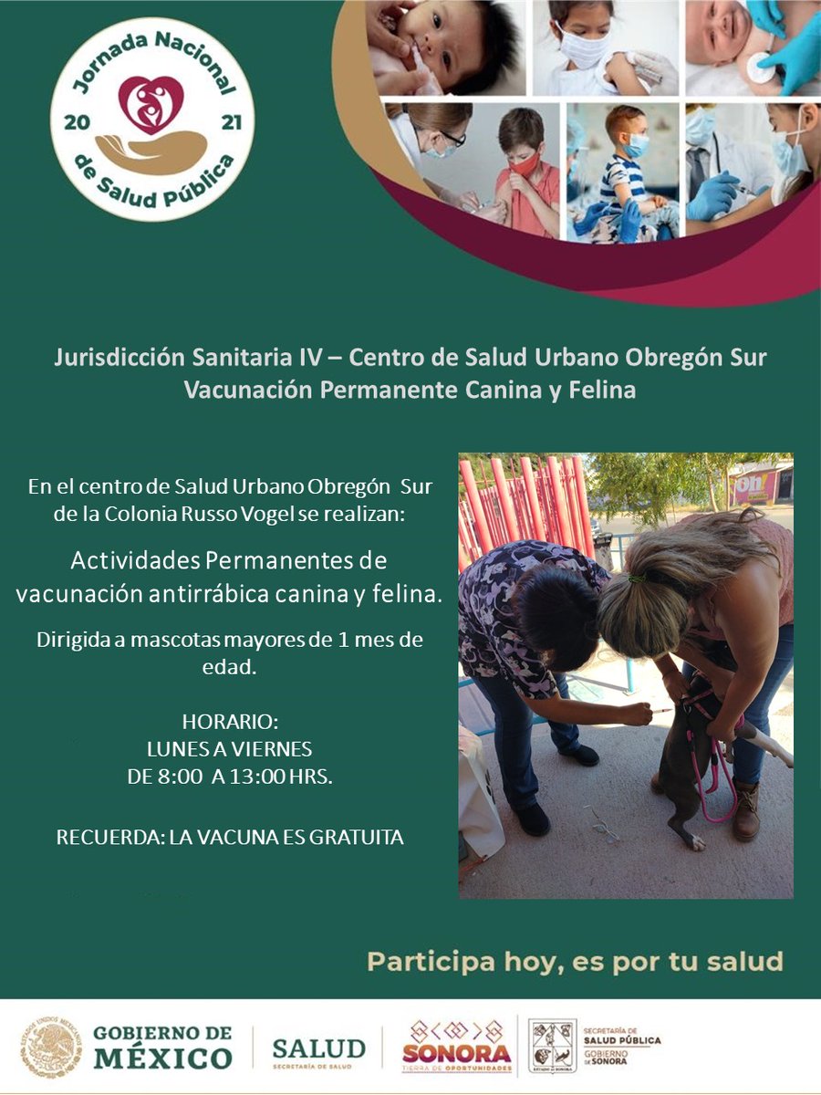 Chepestrada1's tweet photo. En el centro de Salud Urbano Obregón Sur de la Colonia Russo Vogel se realizan:

Actividades Permanentes de vacunación antirrábica canina y felina a mascotas mayores de 1 mes de edad.

HORARIO: 
LUNES A VIERNES 
DE 8:00  A 13:00 HRS.

RECUERDA: LA VACUNA ES GRATUITA https://t.co/xTAJBetYG2